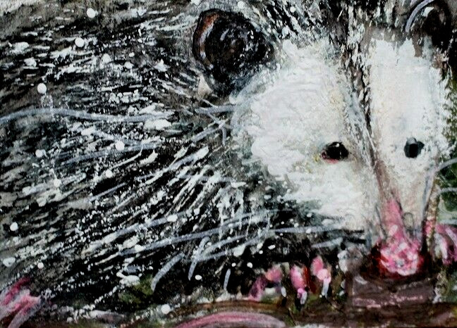 ORIGINAL Opossum ACEO PAINTING Winter Snow Animal Nature Landscape ATC ART