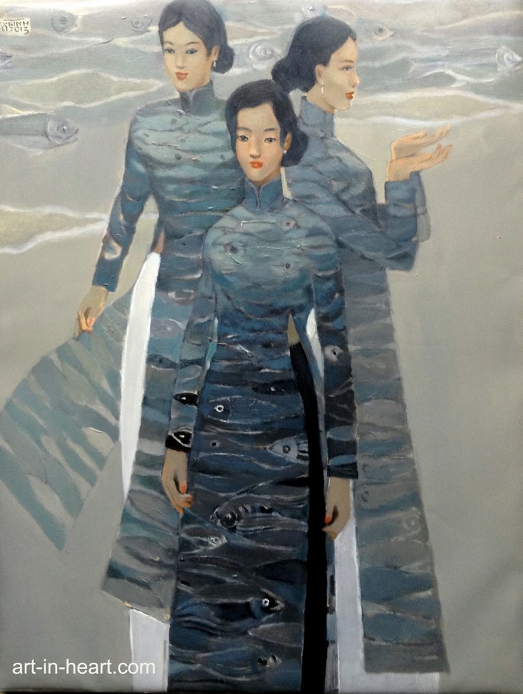 Tran Xuan Binh, Vietnamese traditional long dress, oil painting, original