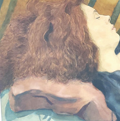 Vintage Watercolor Painting Red Headed Woman Sleeping Large Signed A. Pickens
