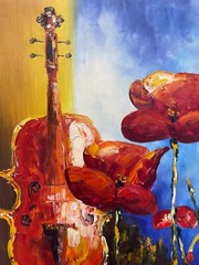 Hungryartist -Original Painting of Guitar &Flower on Canvas 25×25 Framed