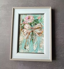 Original Oil Painting Pink Bow and Rose Art Miniature Signed Art 6×4 in