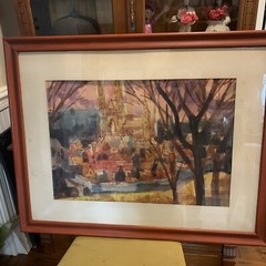 Gouache Watercolor Painting Church 37×30” by Aldo German French Cityscape rare