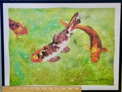 Arcrylic painting, -Framed signed Rosemary Ade- three Koi in a pond.