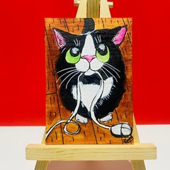 ACEO Tuxedo Cat Playing with Computer Mouse Original Acrylic painting Mini New