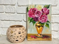 Flowers Roses Painting Original Oil Impressionism Golden Vase Signed Art 12×8 in