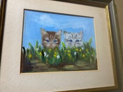 L Williams „Two Kittens In Landscape Scene“ Mixed Media Painting #2 – Framed
