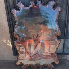 This is a vintage 1970s resin-coated wood slab wall hanging John Pitres