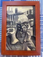 JAMES LESESNE WELLS DRAWING ON ANTIQUE PAPER, FRAMED ON WOOD, SIGNED AND SEALED
