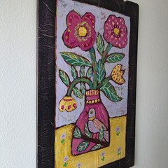 Folk Art ORIGINAL Bird Botanical Flower Vase Pot Botanical Whimsy Leaf Pink