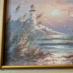 Vintage SEASCAPE sand dunes ocean oil Painting original hand painted lighthouse