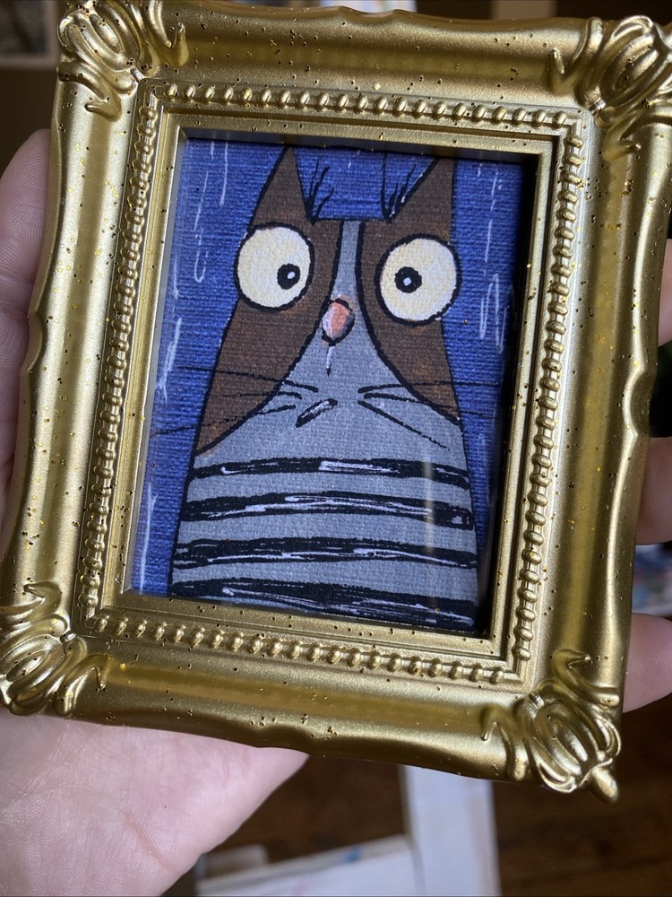 PRINT Whimsical Cat Cute,funny, Painting,framed,miniature,small,mini