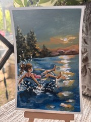 Original 4×6 Sunset Lake Painting Nostalgic Impressionist Art Signed Girl Tubing