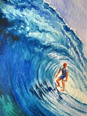 Watercolor Painting Ocean Waves Surfing Board Man Sport Nature ACEO Art Auction