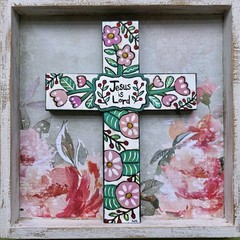 Folk Art ORIGINAL Christian Cross Jesus is Lord White Shabby Chic Pink Flowers