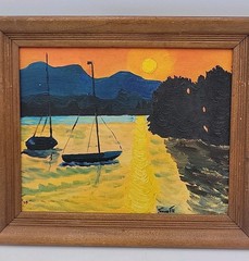 VTG 1975 Original Framed Painting Of Sail Boats In a Bay at Sunset, by O’Connor