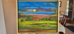 Framed Large Modern Landscape Painting Moon Over Hills Sunset Nature Scene