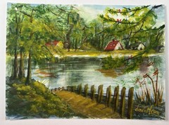 Original Watercolor Painting Red Cabins By Lake Fishing Camp Landscape 11×15”
