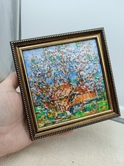 Blossom Tree Original Oil Painting 6×6 Framed Signed Spring Landscape Cottage