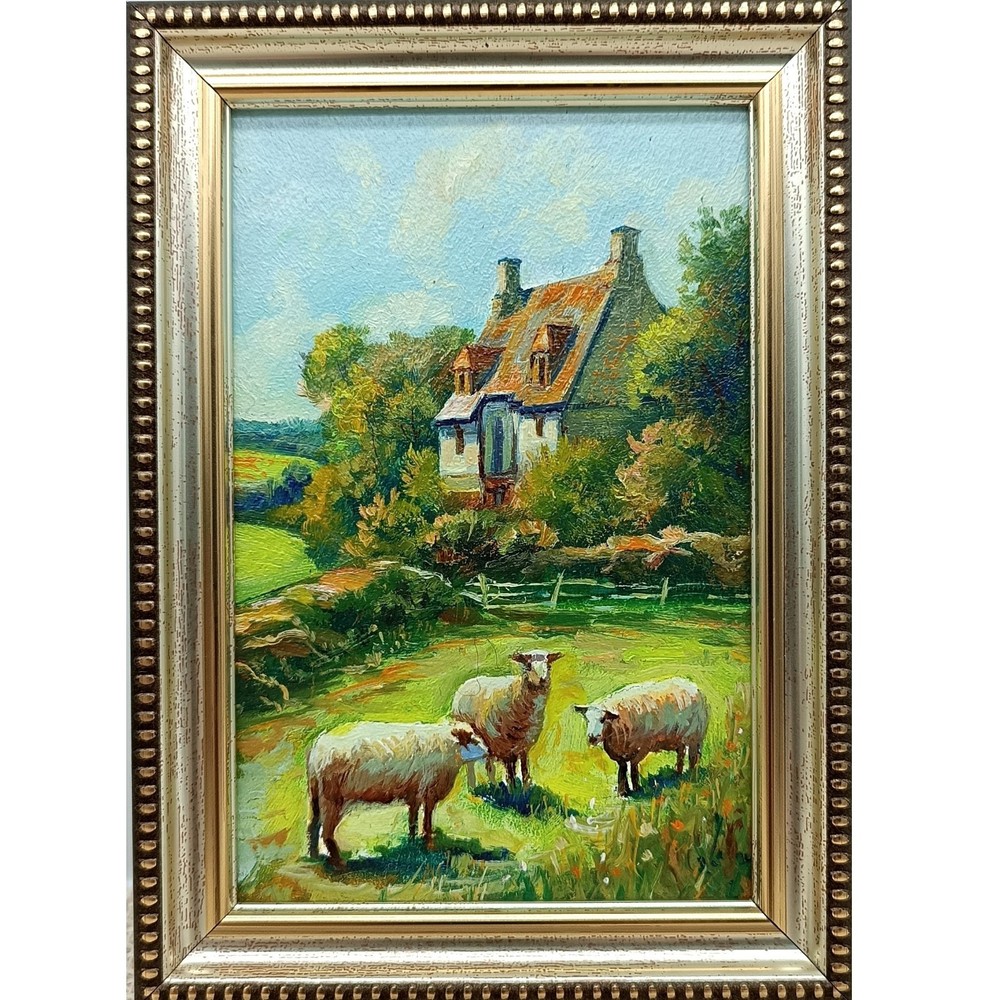 Sheep Original Oil Painting 4×6 Framed Signed Cottage Farmhouse Meadow Art