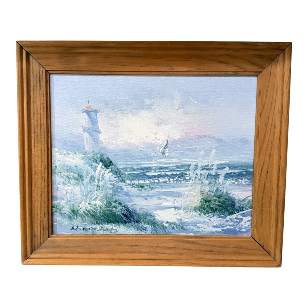 Vintage Seascape Oil Painting Signed Lighthouse Beach Waves Coastal Art