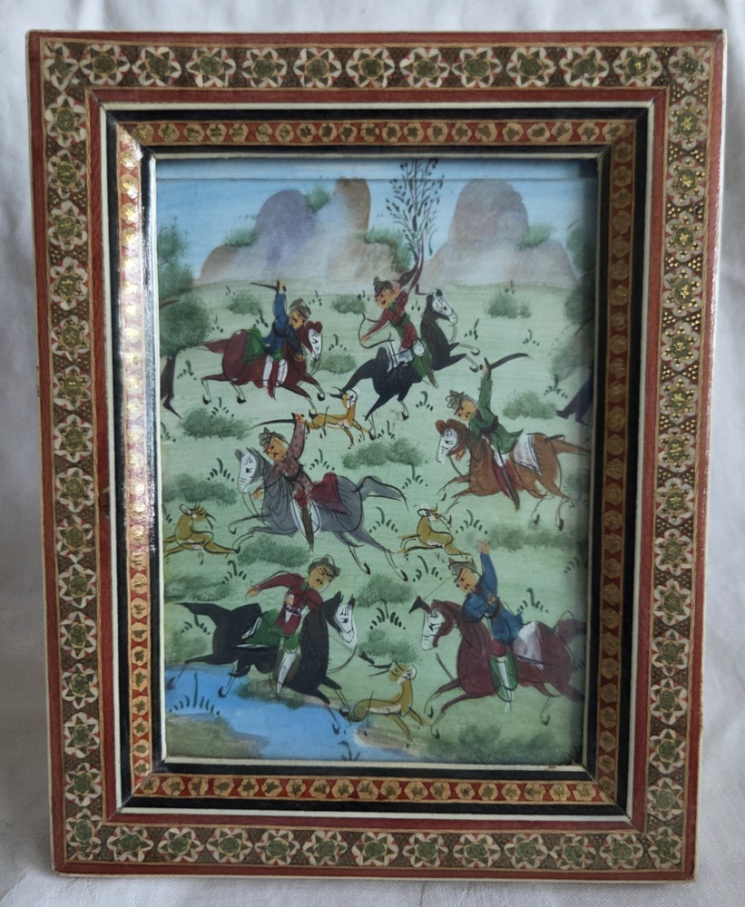 PERSIAN Miniature on Marquetry Frames KHATAM KARI 19th Century Hand Painted