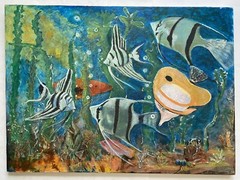 Vintage Original Oil Painting Assemblage Art Underwater Fish Sea Ocean Aquarium