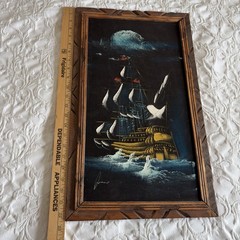 Vtg Pirate Ship Nautical Dark MCM Painting Black Velvet Wood 13.5×22.5”