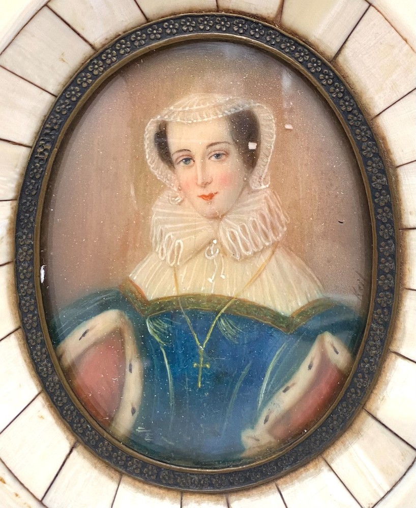 ANTIQUE MINIATURE MARY STUART PORTRAIT PAINTING BY KEIL, AFTER HILLIARD c1900