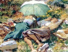 Oil painting two young girls parasol in landscape A-Siesta-John-Singer-Sargent