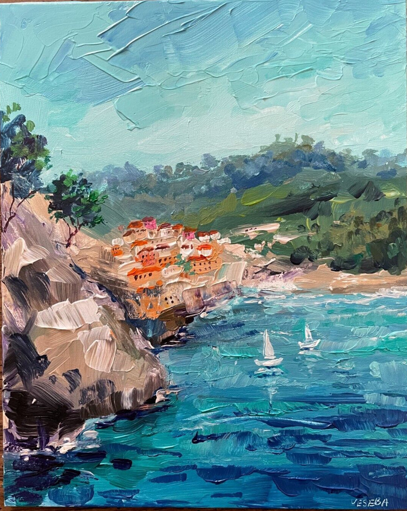 Original Acrylic Painting Seascape Sea Ocean Sailboat on Canvas Board – 8×10 in