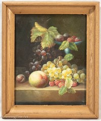 Beautiful Vintage Oil Painting of Classical Fruit Still Life Grapes, Plum, Berry