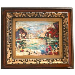 Pair Mid-Century Oil Paintings Signed Rico + Harbor Scene–Palette Knife–Framed