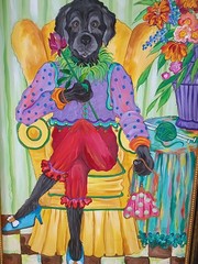 Karen Jamison Artist Original Painting  Signed Whimsical Folk Art Dog Painting