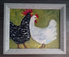 Vintage Folk Art Chicken Painting Original Canvas Framed Rooster Hen Country