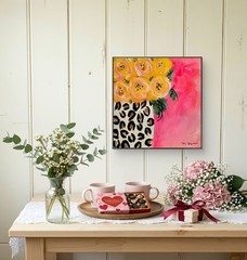 Original Acrylic Painting by Mary Myers Yellow Roses Leopard Vase Pink