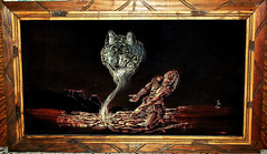Vtg NATIVE AMERICAN WOLF Original BLACK VELVET OIL PAINTING Carved Wood Frame