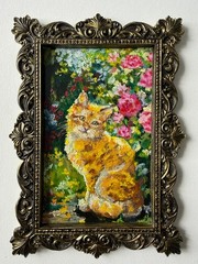 Orangey Painting Cat Original Art Landscape Wall Art Framed Painting Flowers Art