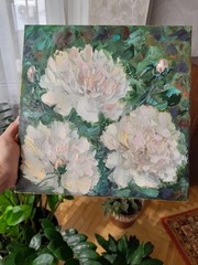 peonies original oil painting, white peonies wall art, square flower painting