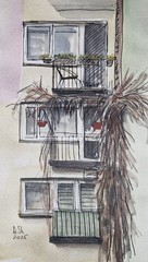 Original Watercolor Urban Sketch A4 – Winter Balconies Drawing