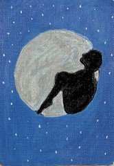Moon Silhouette ACEO Original Acrylic Painting ATC Mini Art Fantasy Night Sky