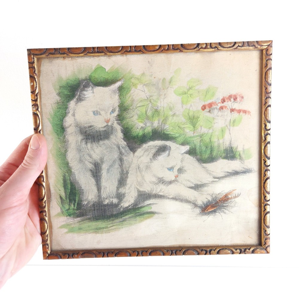 Vintage Drawing & Watercolor Painting of White Persian Cats 1930s Hungary Europe