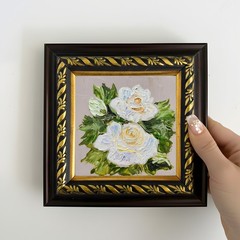 White Rose Flower Oil Painting on 4×4 inch Brown Gold Framed Wall Decor