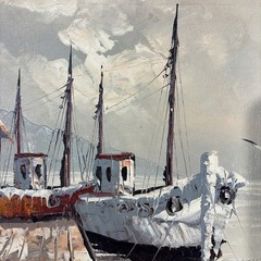 Vintage W. Tony Boats On Harbor Art Painting Seagulls Shacks Seascape Coastal
