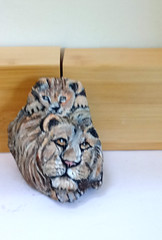Lion Stone hand painted Rock original art signed by Manuela Quick