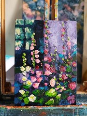 acrylic painting on panel original hand made art with pink hollyhocks and window