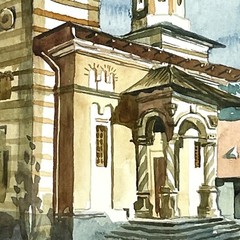 Signed Watercolor Painting Sinaia Monastery Romania