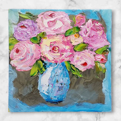 Peonies Flowers Original Painting Bouquet Vase Semi-Abstract Wall Art Handmade
