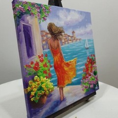 Original Oil Painting Woman Orange Dress Sea Breeze Floral Canvas Impressionist
