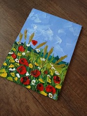 Field Wildflowers Poppies Field Original Art Oil Painting Landscape Sunset 7×5″