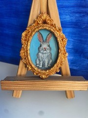 Original Mini Rabbit Oil Painting Cute Bunny Portrait Ornate Gold Baroque Frame